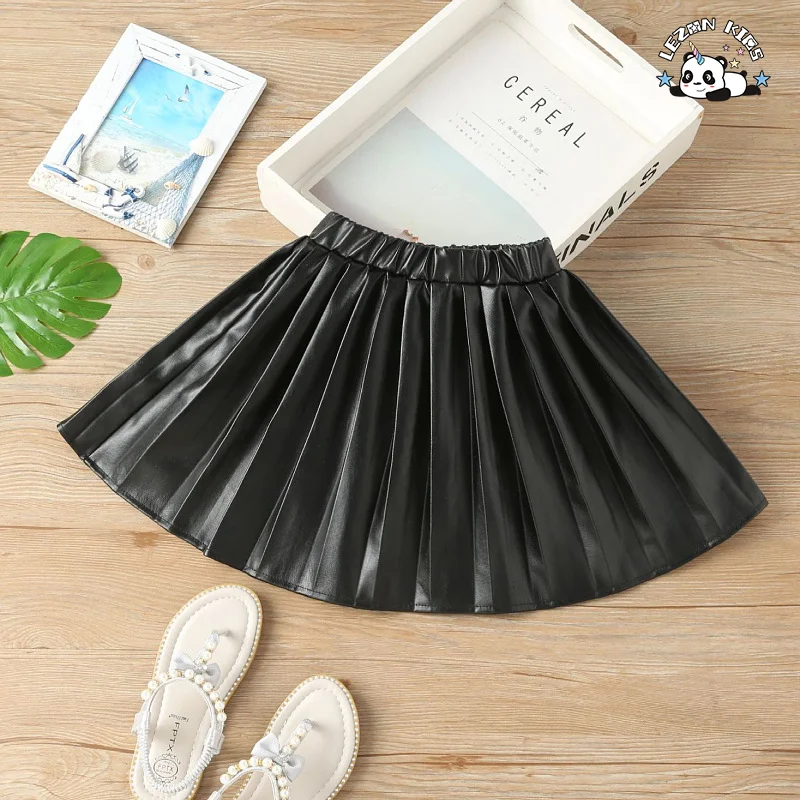 LEZONKIDS - Nova Chegada Saia Vermelha de Couro PU Preto de Verão para Meninas Saia Plissada de Cor Pura Saia Curta